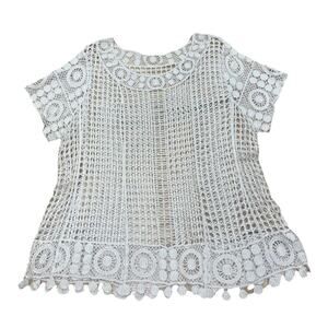 Y2K Crochet Open Knit Sweater Ivory Lace M/L Coquette Fairycore Boho Festival
